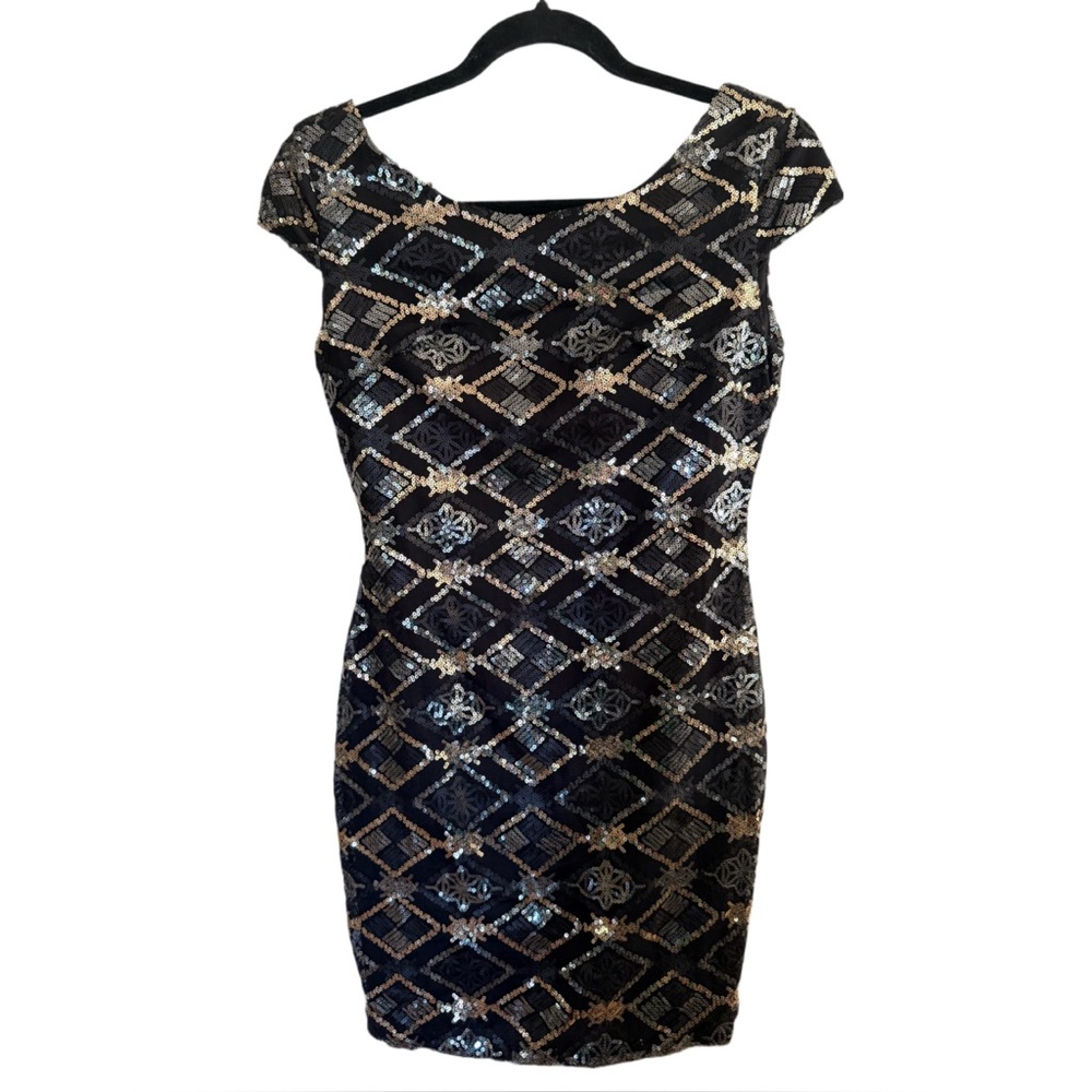 DYGARNI CALIFORNIA Black Gold and Silver Sequin Bodycon Mini Dress Size S